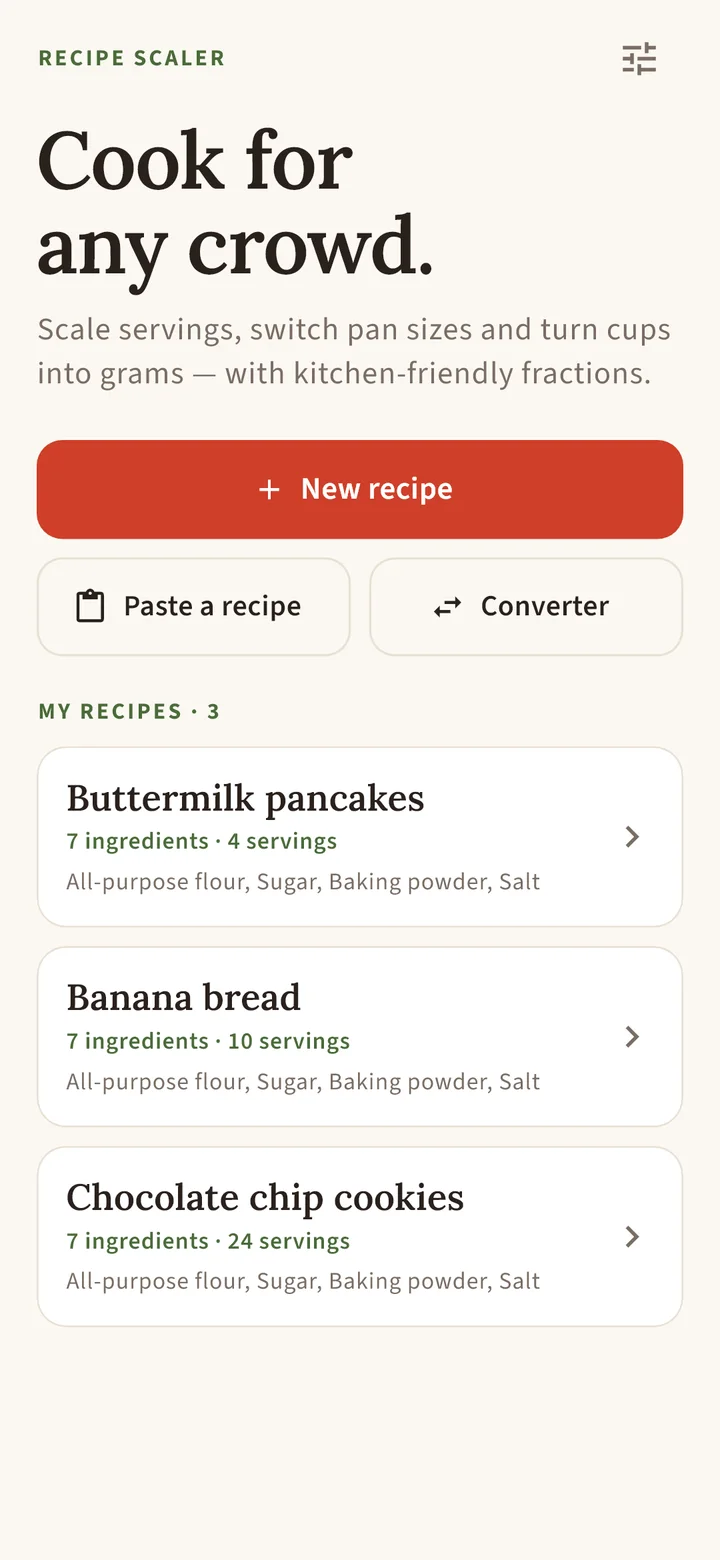 Home screen with saved recipes