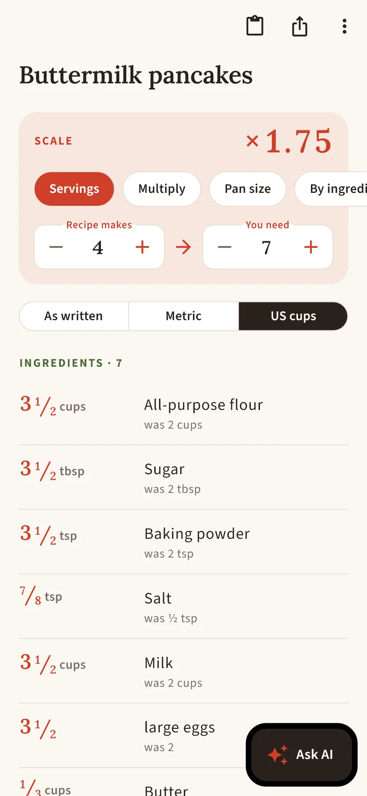 Buttermilk pancakes scaled from 4 to 7 servings, amounts in grams